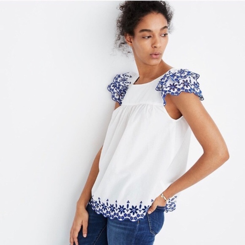 Madewell white and blue eyelet top